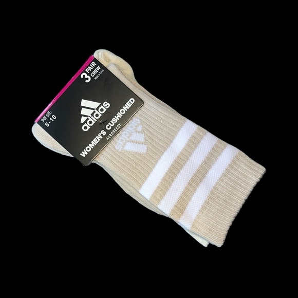 Adidas Crew Socks Cushioned 3 Pair Womens Beige Stripe Size 5-10 Aeroready - Picture 1 of 10